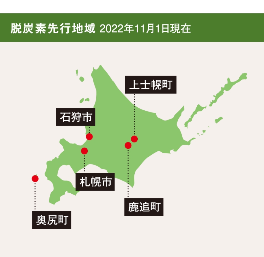 図：脱炭素先行地域 2022年11月1日現在 石狩市、奥尻町、上士幌町、札幌市、鹿追町